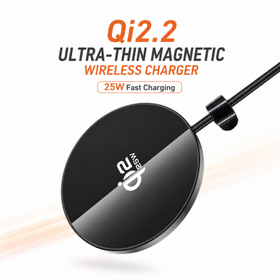 Hoco CW63 Pro Qi2.2 Ultra-Thin Magnetic Wireless Charger – 25W Fast Wireless Charging Pad with Built-in 1.2m USB-C Cable, Aluminum Alloy Build & Strong Magnet